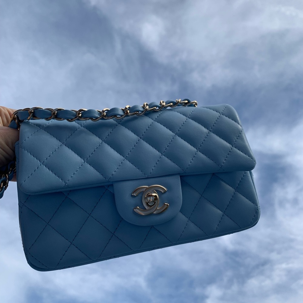 22S CHANEL  Blue Classic Mini Flap Bag Lambskin Rectangular 2022 GHW NWT - Picture 10 of 15
